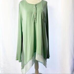 LOGO Lori Goldstein 
Woman’s Size L 
Shirt Top Teal Net Trim Chevron Long Sleeve